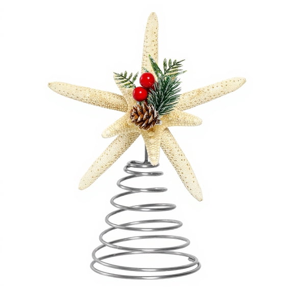 Xinwanna Christmas Starfish Tree Topper Coastal Beach Treetop Ornament with Red Berries Pine Cone for Holiday Xmas Home Indoor Outdoor Decor (Beige)