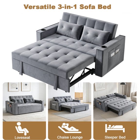 Xinwanna Convertible Sofa Bed, 3-in-1 Multi-Functional Velvet Sleeper Couch Pull-Out Loveseat Bed Chaise Lounge with Adjustable Backrest and Pillows, Hidden Side Table for Living Room, Grey
