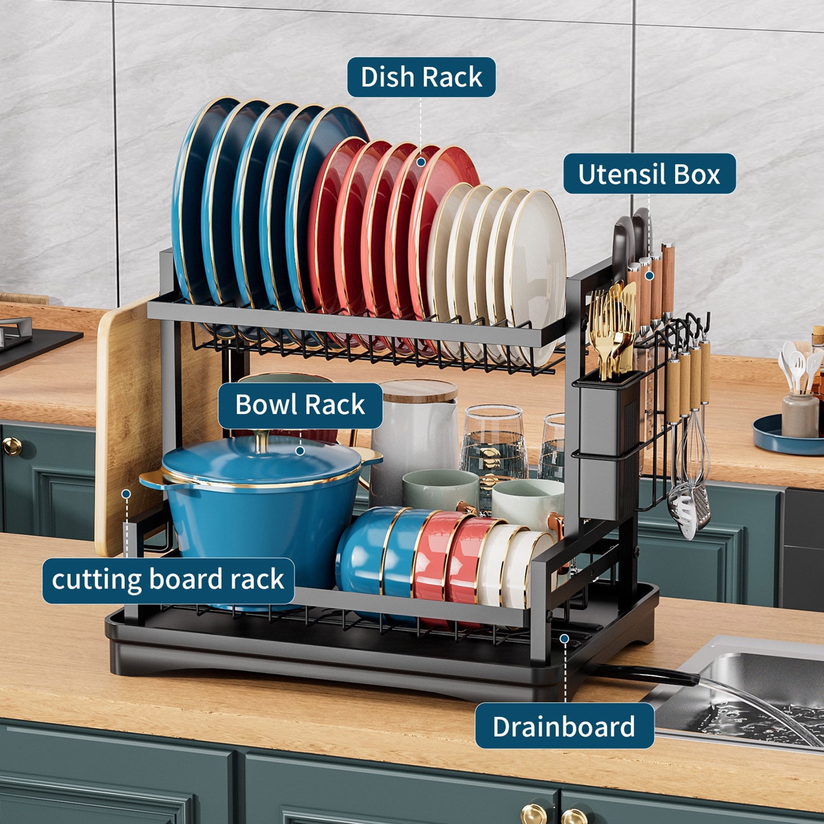 Xinwanna Dishware Drain Rack, 2-Tier with Hooks & Drain Plate ...