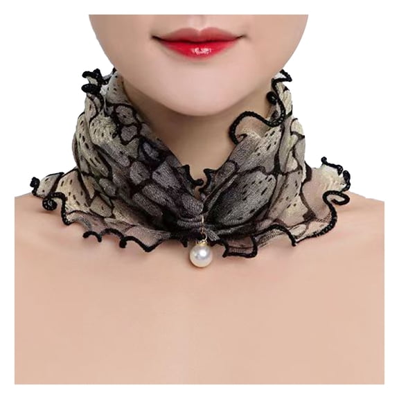Xinwanna Faux Silk Scarf Lightweight Mesh Soft Shiny Touch Edge-covered Design Scarf with Faux Pearl Decor Neck Decoration (Type K,One Size)