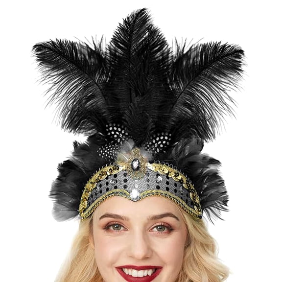 Xinwanna Feather Headpiece Hair Band with Rhinestones Sequins Elastic Carnival Headdress Women Lightweight Festival Headdress (Black)