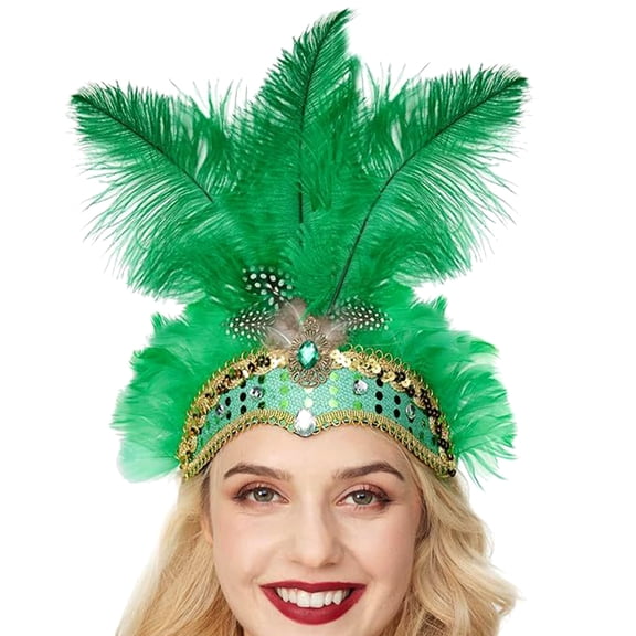 Xinwanna Feather Headpiece Hair Band with Rhinestones Sequins Elastic Carnival Headdress Women Lightweight Festival Headdress (Green)
