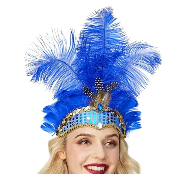 Xinwanna Feather Headpiece Hair Band with Rhinestones Sequins Elastic Carnival Headdress Women Lightweight Festival Headdress (Royal Blue)