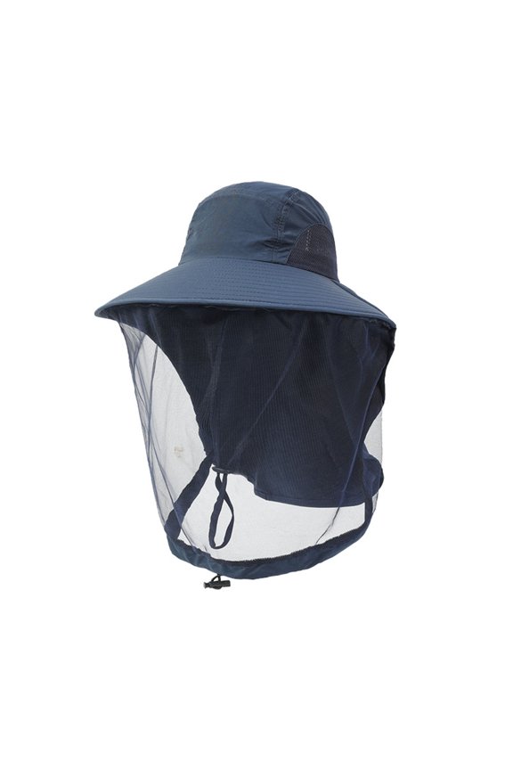 Xinwanna Fishing Hat with Veil Mesh Wide Brim Sun Protection Breathable Hat Mosquito-Proof Adjustable Drawstring Hat (Navy Blue,One Size)