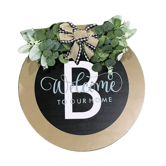 Xinwanna Front Door Wreath A-Z 26 Letters Round Sign with Bow Fake Flower Decoration Rural Style Last Name Letter Wood Hanging Sign Farmhouse Decor (Type B)