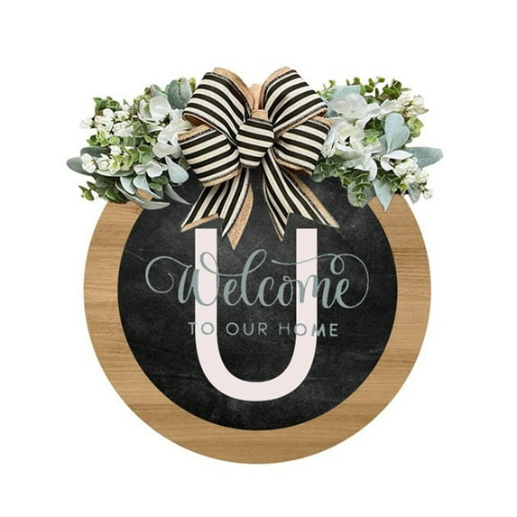 Xinwanna Front Door Wreath A-Z 26 Letters Round Sign with Bow Fake Flower Decoration Rural Style Last Name Letter Wood Hanging Sign Farmhouse Decor (Type U)