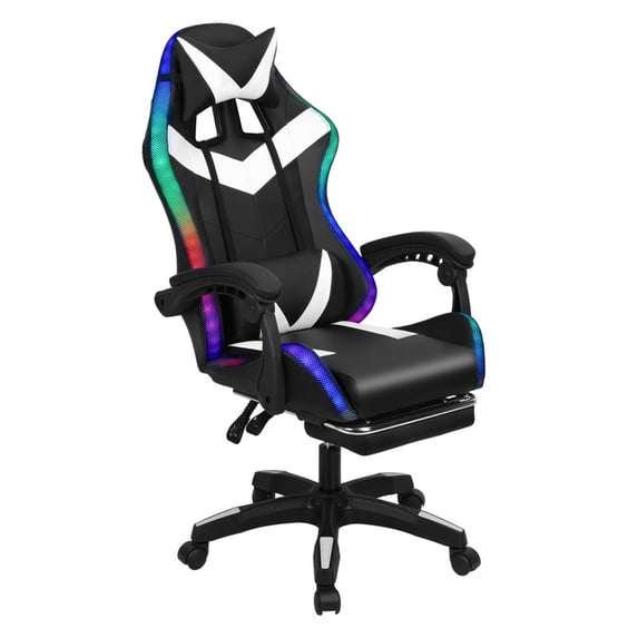 Xinwanna Gaming Chair with Bluetooth Speakers and LED Lights, High Back Video Game Massage Chair 360° Swivel Height Adjustable Recliner with Footrest & Headrest Lumbar Support Pillows (Black & White)