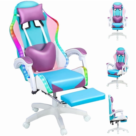 Xinwanna Gaming Chair with Compatible Speakers and LED Lights, Ergonomic Massage Computer Gaming Chair with Height Adjustable, Video Game Chair High Back with Lumbar Support (Purple)