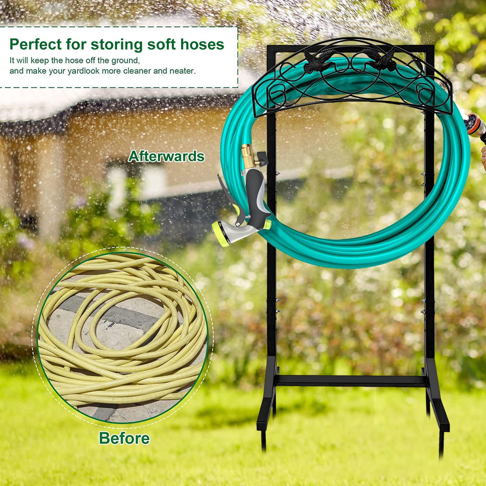 Xinwanna Garden Hose Holder with 4 Spikes Freestanding Metal Water Hose ...