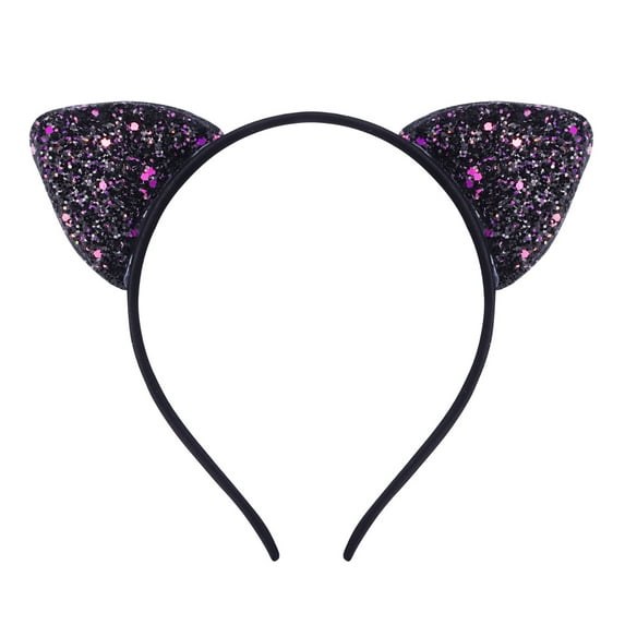 Xinwanna Girls Headband Glitter Sequins Non-slip Slim Flexible Heavy Duty Hairstyle Decoration Candy Color Cartoon Cat Ear Princess Hair Band Hair Accessories (Black)