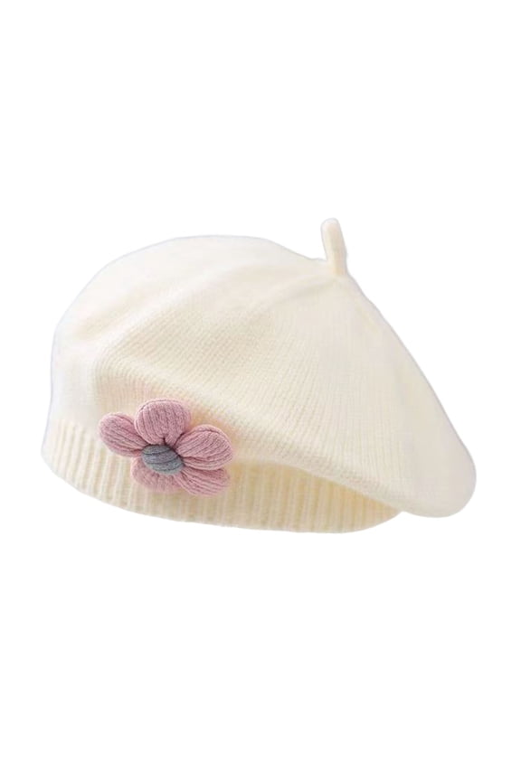 Xinwanna Girls Winter Hat Flower Decor Knitted Elastic Anti-slip Children Painter Cap Photo Prop Daily Outdoor Travel School Shopping Headwear (White,One Size)