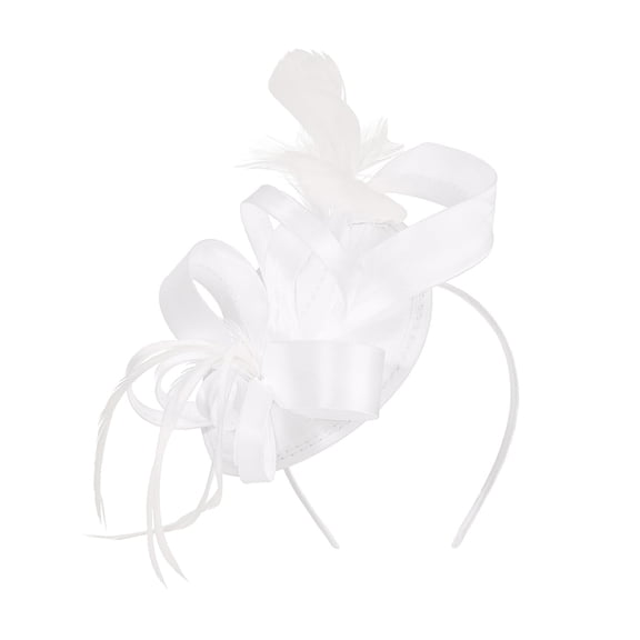 Xinwanna Hair Hoop Fascinator Hat with Hair Clip Elastic Band Faux Feather Ribbon Decor Satin Fabric Women Headband Party Accessories (White)