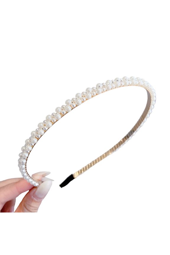 Xinwanna Headband Faux Pearl Smooth Solid Color Elastic Anti-slip Decorative Lightweight Narrow Waved Hair Hoop Hair Accessories (Type E)