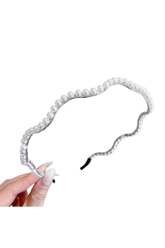 Xinwanna Headband Faux Pearl Smooth Solid Color Elastic Anti-slip Decorative Lightweight Narrow Waved Hair Hoop Hair Accessories (Type M)