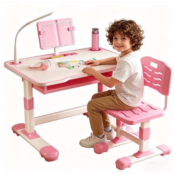 Xinwanna Kids Desk and Chair Set, Kids Study Desks and Chair Set for Girls Boys, Home School Drafting Desks for Childrens, Height Adjustable, with Light, Book & Bottle Holder (Pink_9)