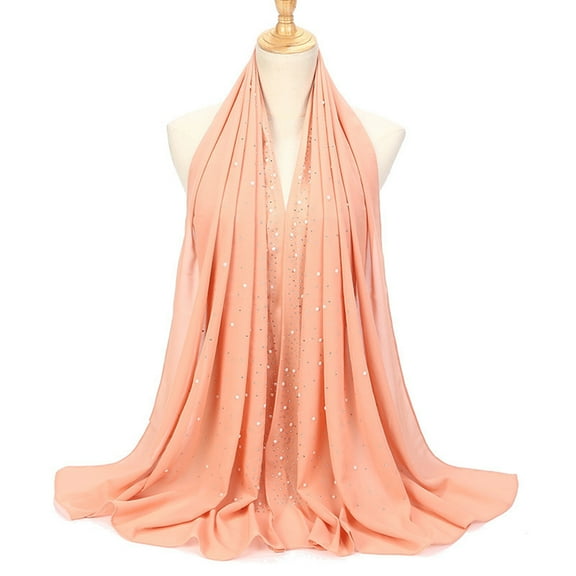 Xinwanna Lightweight Scarf Hot Drill Imitation Pearls Decor Headwrap Women Solid Color Headscarf Fashion Accessory (Light Orange,One Size)