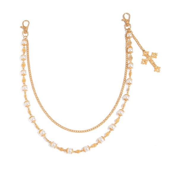 Xinwanna Pants Chain Faux Pearls Metal Flower Decor Wallet Chain Multi-layered Design Hip-hop Style Wallet Chain Wearable Art Accessory (Type A)