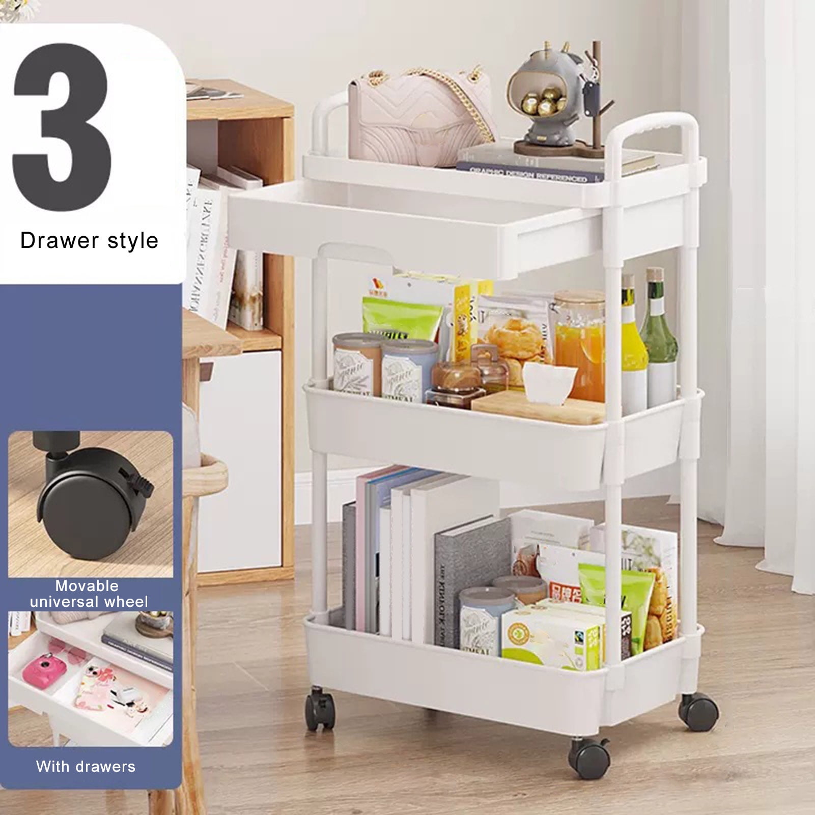 Xinwanna Plastic Storage Trolley with Handle, 3-Tier Multi-Functional ...