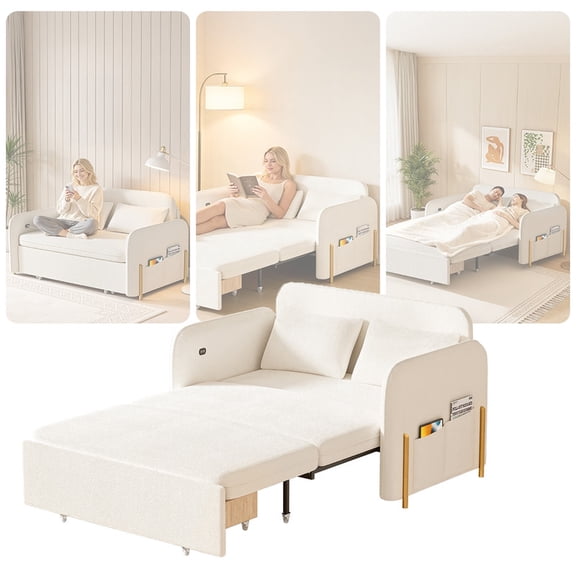 Xinwanna Queen Size Pull Out Sleeper Sofa Bed Couch with Pullout Bed, 3 in 1 Convertible Linen Loveseat Sofa Sleepers with Pillows for Small Space Loft Home Office