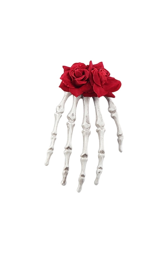 Xinwanna Skeleton Hand Hair Clip Gothic Barrette with Faux Roses Punk Style Hair Accessories for Halloween Themed Party Dress-up (Red 2,One Size)
