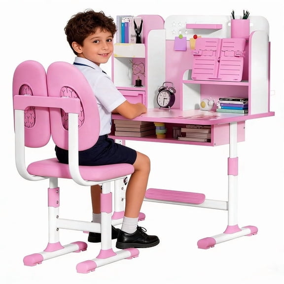 Xinwanna Small Desk, Kids Study Desk Chair Set, Height Adjustable Study Table Chair Set with Sitting Corrector, Ergonomic Desk Chair with Book Stand, Foot Pedal, Partition Design (Pink_7)