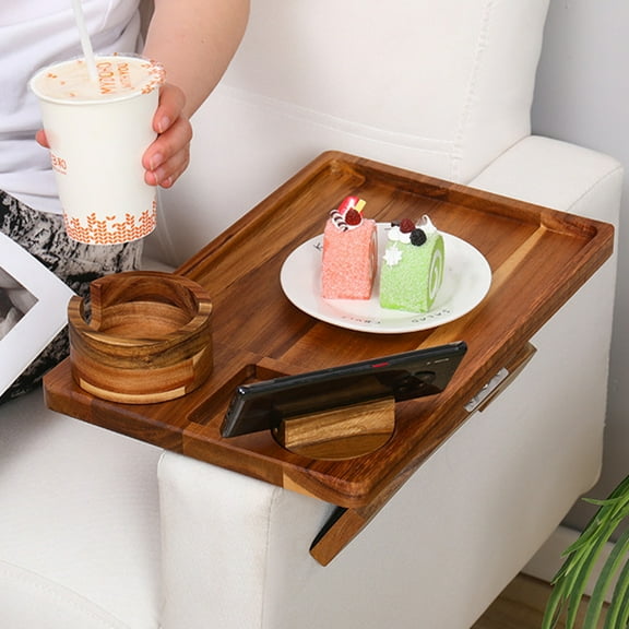 Xinwanna Sofa Armrest Tray, Sofa Armrest Tray with Cup Holder Phone Mount High Stability Smooth Edge Minimalist Style 3-in-1 Clip-on Tray Drink Holder, Bed Tray Table