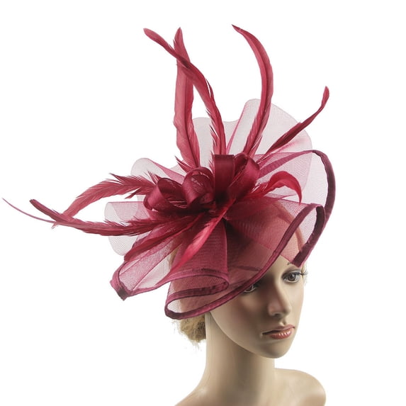 Xinwanna Solid Color Elegant Fascinator Hat with Hair Clip Decorative Feather Bowknot Mesh Decor Pillbox Hat Hair Accessories (Wine Red)