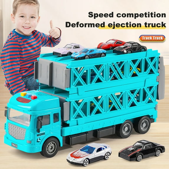 Xinwanna Speed Competition Deformed Ejection Truck Toy with 16 Mini Cars, Friction-Driven Mega Truck Toy with Lighting and Sound, 2-Tier Deformable Foldable Track Runway, Truck Toys for Toddlers, Blue