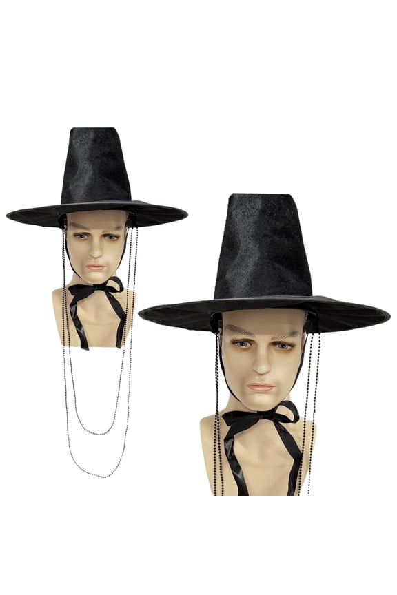 Xinwanna Stage Performance Hat Ming Dynasty Traditional Korean Flat Topper Hat Wide Brim UV Protection Black Halloween Cosplay Cap Men Costume Accessory (Black)