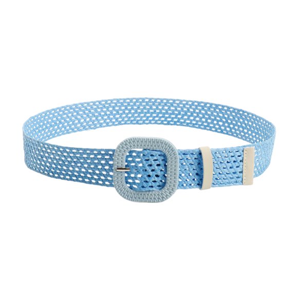 Xinwanna Straw Woven Belt with Oval Square Buckle Hollow Design Decorative Jeans Belt Breathable Weave Adjustable Shirt Waistband (Blue)