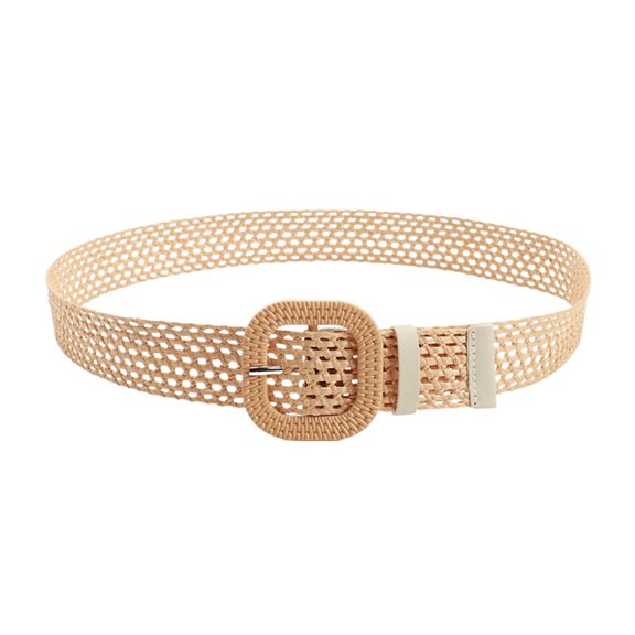 Xinwanna Straw Woven Belt with Oval Square Buckle Hollow Design Decorative Jeans Belt Breathable Weave Adjustable Shirt Waistband (Khaki)