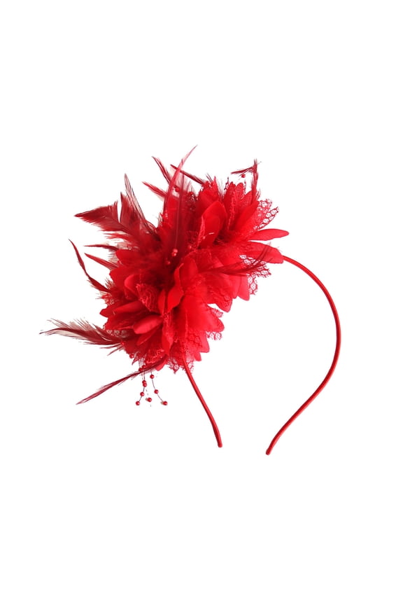 Xinwanna Vintage Feather Headband Elegant Cloth Flower Women Girls Hair Loop Band Bridal Hair Accessories Wedding Party Hairstyle Decoration Headwear (Red)