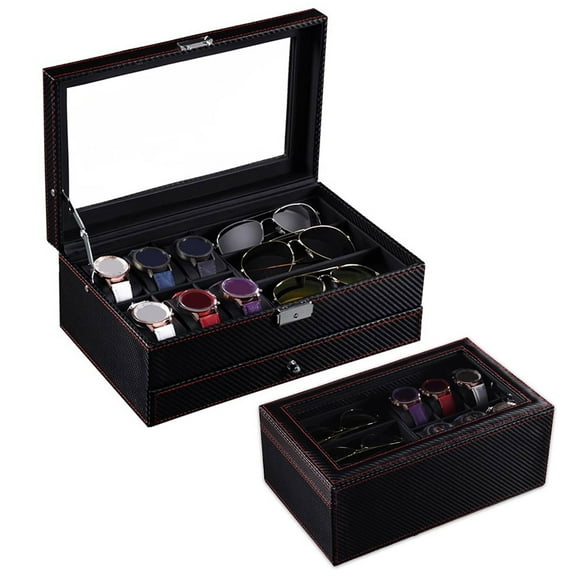 Xinwanna Watch Box Sunglasses Organizer, 6-Slot for Watch, 3 Slots for Glasses & Drawer for Rings, Bracelets, Large Capacity Multiple Compartments Window Design Watch Holder Stand Storage Case