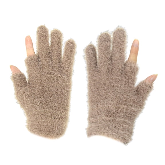Xinwanna Winter Gloves Thermal Cold Resistance Plush Gloves Knitted Imitation Mink Fur Gloves with Half Finger Design for Autumn Winter Home Outdoor (Khaki,One Size)