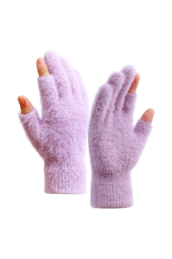 Xinwanna Winter Gloves Thermal Cold Resistance Plush Gloves Knitted Imitation Mink Fur Gloves with Half Finger Design for Autumn Winter Home Outdoor (Light Purple,One Size)