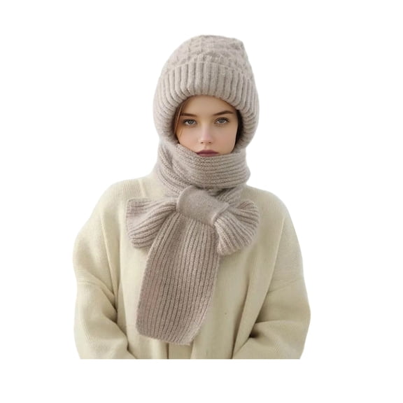 Xinwanna Winter Knit Hat with Integrated Scarf Solid Color Thickened Velvet Women Hat Long Scarf Set Cold Weather Headwear (Apricot)
