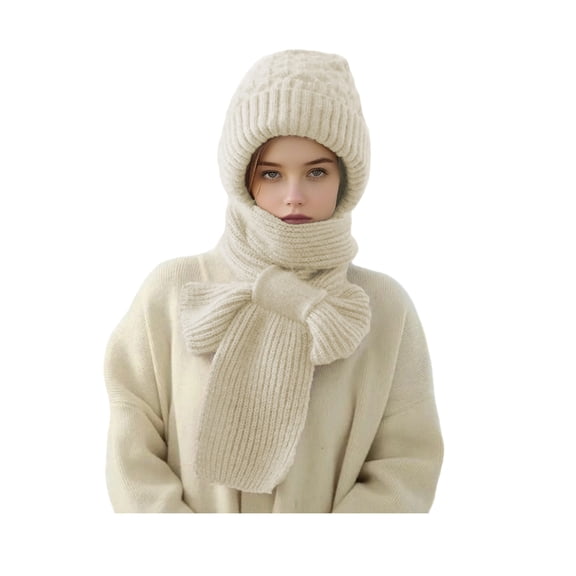 Xinwanna Winter Knit Hat with Integrated Scarf Solid Color Thickened Velvet Women Hat Long Scarf Set Cold Weather Headwear (Beige)
