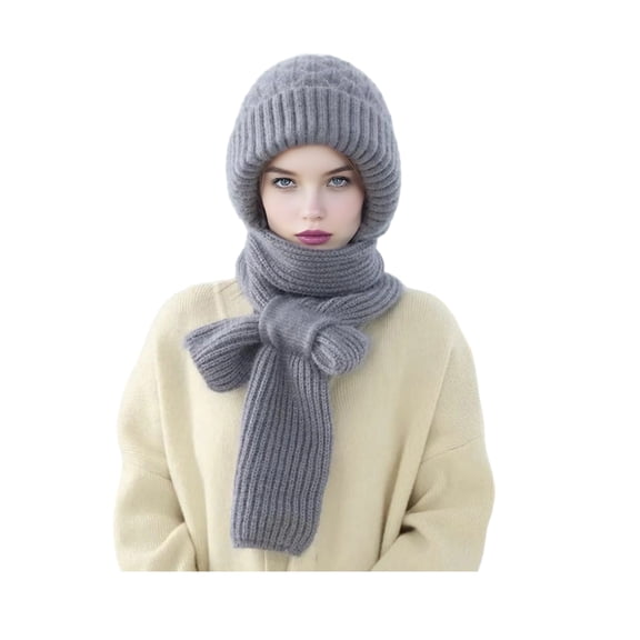 Xinwanna Winter Knit Hat with Integrated Scarf Solid Color Thickened Velvet Women Hat Long Scarf Set Cold Weather Headwear (Grey)