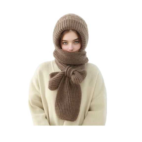 Xinwanna Winter Knit Hat with Integrated Scarf Solid Color Thickened Velvet Women Hat Long Scarf Set Cold Weather Headwear (Khaki)