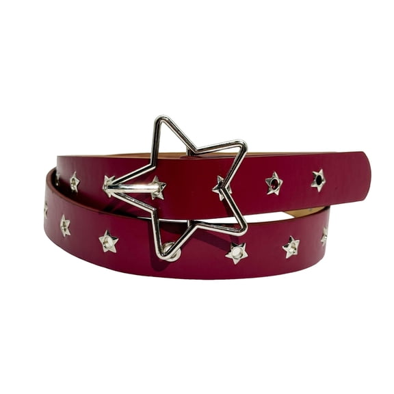 Xinwanna Women Belt Punk Style Rock Star Pattern Belt with Adjustable Hollow Hole Design Dresses Jeans Shirts Faux Leather Belt (Red)