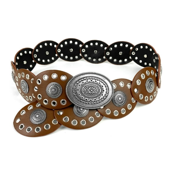 Xinwanna Women Belt Round Buckle Wide Eyelets Faux Leather Adjustable Belt Exaggerated Round Shape Hollow Disc Waist Belt (Coffee)