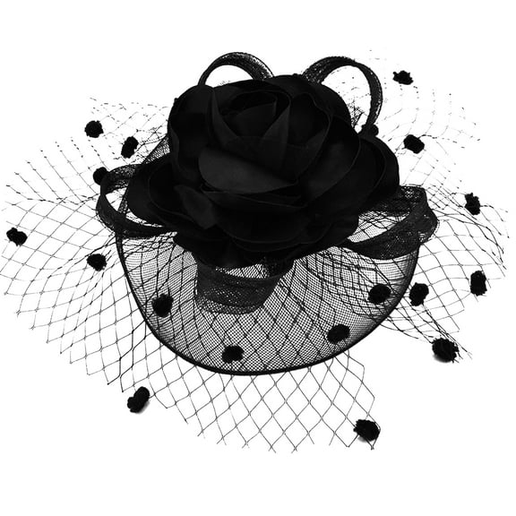 Xinwanna Women Felt Hat Veil Hollow Out Fishnet Flower Decor Dot Royal Hair Decoration Photograph Prop Bridal Wedding Lady Banquet Cocktail Beret Hair Accessories (Black)