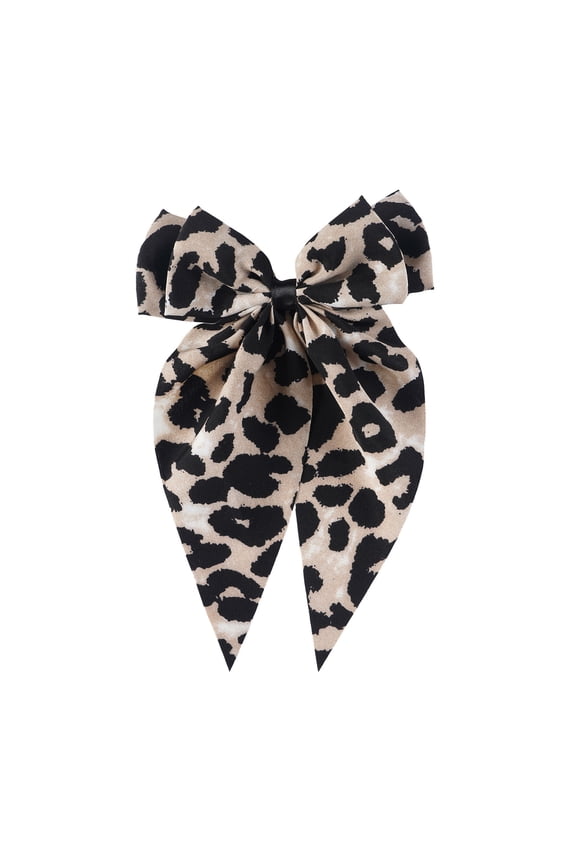 Xinwanna Women Hair Pin Bowknot Decor Leopard Print Satin Ribbon Bow Hair Barrette Large Bow Clip Hair Accessories (Beige)