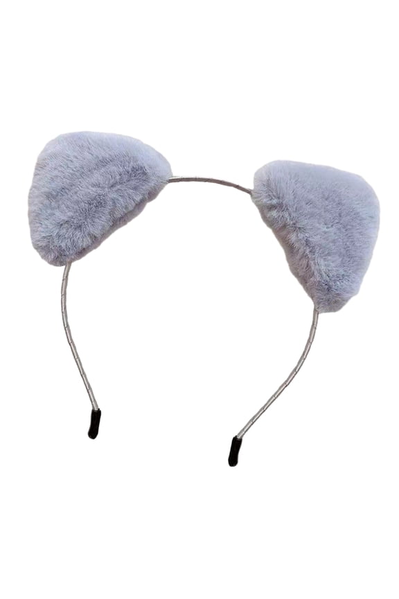 Xinwanna Women Hairband Soft Fluffy Plush Cartoon Kitty Ear Decor Elastic Narrow Brim Anti-slip Regular Fit Solid Color Head Decoration Hair Hoop (Grey)