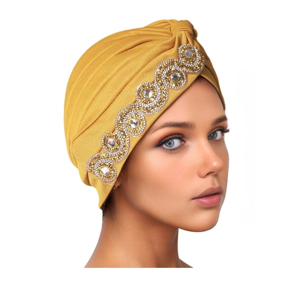 Xinwanna Women Headscarf Elastic Head Circumference Twisted Design Turban Hat with Rhinestones Decor Hair Accessories (Yellow,One Size)