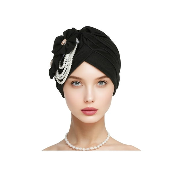 Xinwanna Women Headscarf Hat Imitation Pearls Flower Decor Turban Hat Solid Color Stretchable Fit Headband Sleep Hat (Black,One Size)