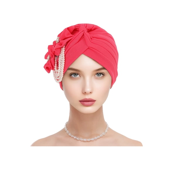 Xinwanna Women Headscarf Hat Imitation Pearls Flower Decor Turban Hat Solid Color Stretchable Fit Headband Sleep Hat (Rose Red,One Size)