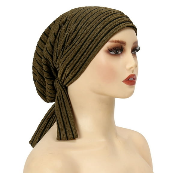 Xinwanna Women Headscarf Hat Striped Print Lace-up Turban Hat Hair Loss Chemotherapy Headwear Full Coverage Head Wrap (Army Green)