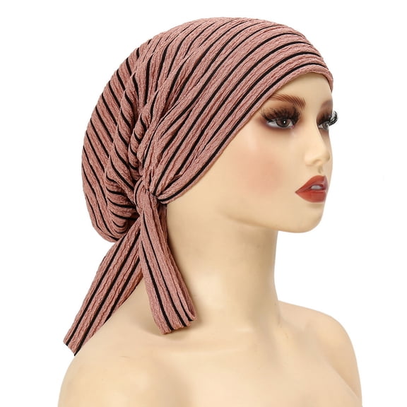 Xinwanna Women Headscarf Hat Striped Print Lace-up Turban Hat Hair Loss Chemotherapy Headwear Full Coverage Head Wrap (Pink)