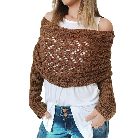 Xinwanna Women Knitting Shawl Solid Color Soft Fluffy Material Long Sleeve Shawl Hollow Design Autumn Winter Shawl Coat (Dark Brown)